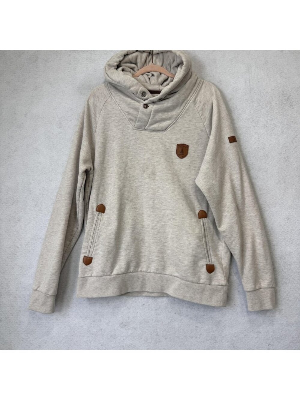 Wanakome Hoodie Womens Large Beige Cowl Neck Terry Pullover Pockets Logo
